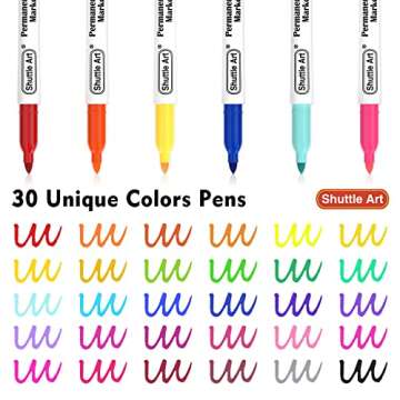 Shuttle Art 30 Colors Permanent Markers, Fine Point, Assorted Colors, Works on Plastic,Wood,Stone,Metal and Glass for Kids Adult Coloring Doodling Marking