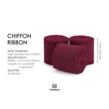 Vitalizart Burgundy Red Handmade Chiffon Silk Ribbon Fringe 3 Rolls 1.5" x 21 Yd Frayed Edges Ribbon...