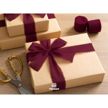 Vitalizart Burgundy Red Handmade Chiffon Silk Ribbon Fringe 3 Rolls 1.5" x 21 Yd Frayed Edges Ribbons for Wedding Invitations Bridal Bouquets Gifts Wrapping Crafts Holiday Decor