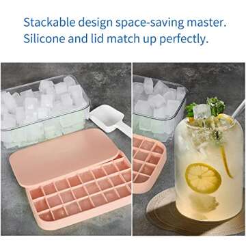 Updated Silicone Ice Cube Trays With Lid and Storage Bin, Easy-Release 2 * 32 Small Nugget Ice Tray with Spill-Proof Cover&Bucket,Ice Molds Maker for Cocktails & Whisky, Container, Scoop, BPA Free
