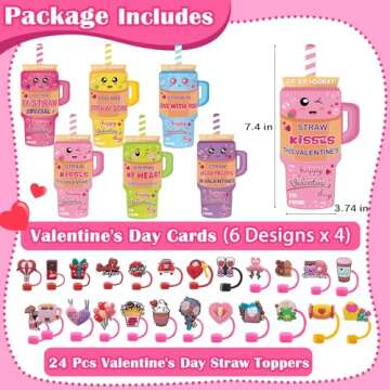JX Valentines Day Cards for Kids School Classroom,24 Pack Valentines Cards with 24 Straw Covers Cap ...