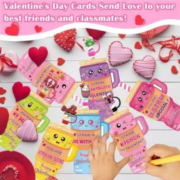 JX Kids Valentine Cards with Creative Straw Covers