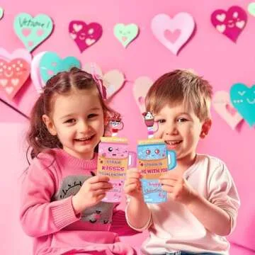 JX Kids Valentine Cards with Creative Straw Covers