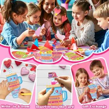 JX Kids Valentine Cards with Creative Straw Covers
