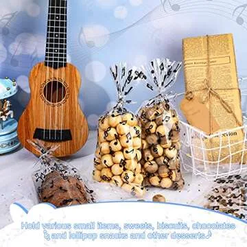 Kosiz 100 Pieces Music Notes Cellophane Goodie Bags Musical Theme Treat Plastic Musical Party Candy Bags with Silver Twist Ties for Band Birthday Party Favor Supplies Dessert Pastry Decoration