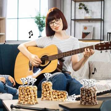 Kosiz 100 Pieces Music Notes Cellophane Goodie Bags Musical Theme Treat Plastic Musical Party Candy Bags with Silver Twist Ties for Band Birthday Party Favor Supplies Dessert Pastry Decoration