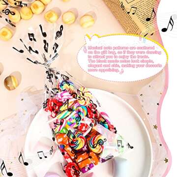Kosiz 100 Pieces Music Notes Cellophane Goodie Bags Musical Theme Treat Plastic Musical Party Candy Bags with Silver Twist Ties for Band Birthday Party Favor Supplies Dessert Pastry Decoration