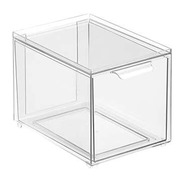 mDesign Plastic Closet Organizer Bin w/Pull Out Drawer - Slim Stackable Storage for Closet - Organization for Accessories, Bags, Totes, Small Linens, and More - Lumiere Collection - Clear