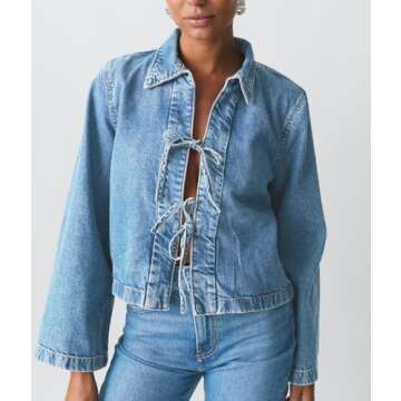 LouVasabuce Women Fashion Cropped Denim Jacket Tie Front Lapel Neck Long Sleeve Jean Coat Lightweigh...