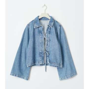 LouVasabuce Women Fashion Cropped Denim Jacket Tie Front Lapel Neck Long Sleeve Jean Coat Lightweight Shacket Fall Blouse