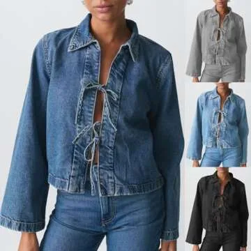 LouVasabuce Women Fashion Cropped Denim Jacket Tie Front Lapel Neck Long Sleeve Jean Coat Lightweight Shacket Fall Blouse
