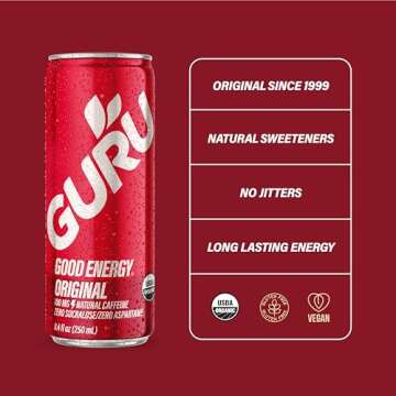 GURU Original Organic Energy Drinks, Clean Energy Drink with Plant Based Natural Caffeine from Green Tea, Gluten Free and Vegan, 100MG Caffeine, Healthy Drinks, 8.4oz (Pack of 24)