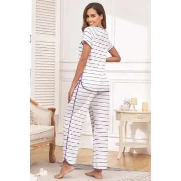 FKEEP Stripe Pajamas Set Women Two-Piece Nightwear Short Sleeve Sleepwear Soft Side Split Loungewear Pjs Sets(White and Purple,Large)