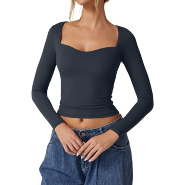 QINSEN Flattering Long Sleeve Sweetheart Neck Crop Top - Navy S