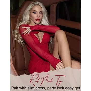 Avidlove Sexy Outfits for Women Clubwear Long Sleeve Crop Top See Through Shirt(Red,L)