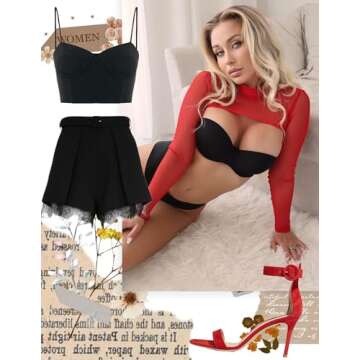 Avidlove Sexy Outfits for Women Clubwear Long Sleeve Crop Top See Through Shirt(Red,L)