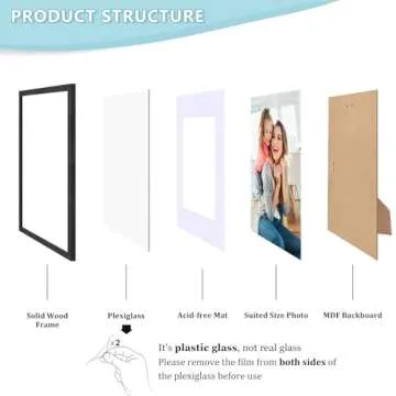8x10 Picture Frame, Black Wood Photo Frame 5x7 with Mat or 8x10 without Mat with Perspex Glass for Vertical or Horizontal Tabletop Wall Display for Photos, Birthday Christmas Gift, Set of 4