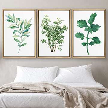 NWT Framed Wall Art Print Set Green Forest Leaf Trio Nature Plants Illustrations Modern Art Rustic G...
