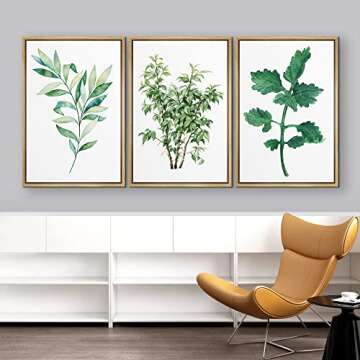 NWT Framed Wall Art Print Set Green Forest Leaf Trio Nature Plants Illustrations Modern Art Rustic Group Relax/Calm Multicolor Ultra for Living Room, Bedroom, Office - 16"x24"x3 Natural
