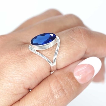JEWELOPORIUM Blue Sapphire Simulated Silver Ring Size 7.5, 925 Sterling Silver Ring for Women, Oval ...