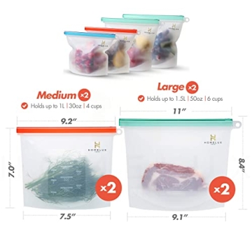 HOMELUX THEORY Reusable Freezer Bags, 4Pcs Reusable Ziploc Bags Silicone Airtight & Leakproof, Food Grade Reusable Silicone Food Storage Bags, Silicone Snack Bags for Travel, Picnic & Camping (2L, 2M)
