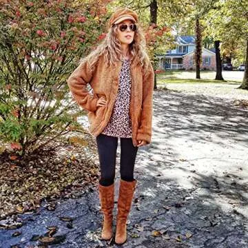 EZIGO Women's Fuzzy Fleece Sherpa Jacket Coat Warm Winter Faux Fur Shearling Jacket Coat With Pocket Fur Teddy bear Jacket Medium