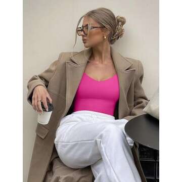 REORIA Women's Long Sleeve Tops 2024 Fall V Neck Slim Fitted Soft Layering Basic Shirt Thermal Double Lined Going Out Tops(Rose Small)