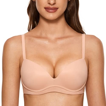 DOBREVA Comfortable Wireless Push Up Bra for Women - No Underwire Padded Plunge in Blush Beige 32DD