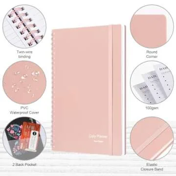 Daily Planner Undated, Asten To Do List Notebook Hourly Schedule Planner Spiral Appointment Planner Notebook for Men and Women, Day Planner for ADHD, Work Planner with Inner Pocket 8.3"x5.8",Pale Pink