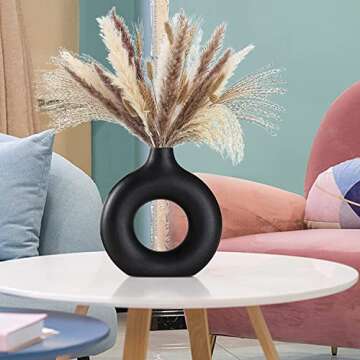 Black Ceramic Vase for Modern Home Decor, Round Matte Pampas Flower Vases Minimalist Nordic Boho Ins Style for Wedding Dinner Table Party Living Room Office Bedroom, Decorative Gift