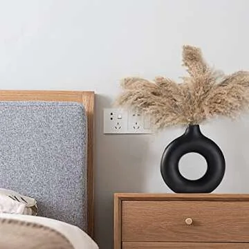 Black Ceramic Vase for Modern Home Decor, Round Matte Pampas Flower Vases Minimalist Nordic Boho Ins Style for Wedding Dinner Table Party Living Room Office Bedroom, Decorative Gift