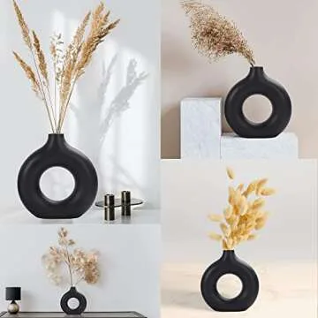 Black Ceramic Vase for Modern Home Decor, Round Matte Pampas Flower Vases Minimalist Nordic Boho Ins Style for Wedding Dinner Table Party Living Room Office Bedroom, Decorative Gift