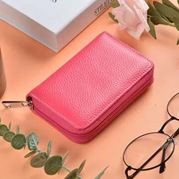Easyoulife Genuine Leather Credit Card Holder Zipper Wallet With 26 Card Slots (Rose)