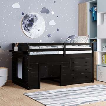 SOFTSEA Twin Size Loft Bed with Cabinet and Storage Drawers, Solid Wood Low Loft Bed with Guardrails...