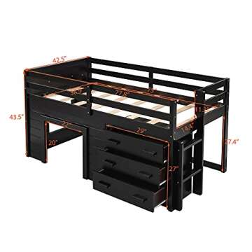 SOFTSEA Twin Size Loft Bed with Cabinet and Storage Drawers, Solid Wood Low Loft Bed with Guardrails, Playhouse Bed with Built-in Ladder for Boys and Girls, Easy Assembly, Espresso