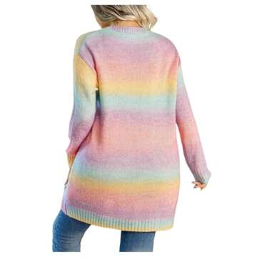 MakeMeChic Women's Plus Size Rainbow Knit Open Front Crochet Cardigan Long Sleeve Colorful Sweater C...