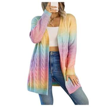 MakeMeChic Women's Plus Size Rainbow Knit Open Front Crochet Cardigan Long Sleeve Colorful Sweater Cardigans Multicolor 1XL