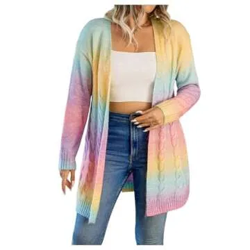 MakeMeChic Women's Plus Size Rainbow Knit Open Front Crochet Cardigan Long Sleeve Colorful Sweater Cardigans Multicolor 1XL