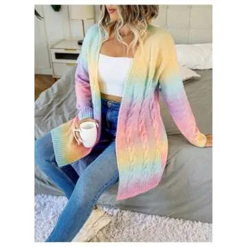 MakeMeChic Women's Plus Size Rainbow Knit Open Front Crochet Cardigan Long Sleeve Colorful Sweater Cardigans Multicolor 1XL