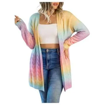 MakeMeChic Women's Plus Size Rainbow Knit Open Front Crochet Cardigan Long Sleeve Colorful Sweater Cardigans Multicolor 1XL