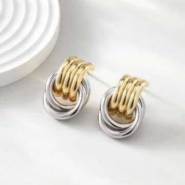 Aprilery Gold Geometric Earrings for Women, Chunky Gold Dangle Earrings Trendy Vintage Statement Earrings Dupes Jewelry for Women (Large - Gold and Silver, 30MM)