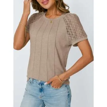 AUTOMET Womens T Shirts Lace Tops Fashion Short Sleeve Trendy Business Casual Dressy Knitted Summer Clothes 2025 Khaki M