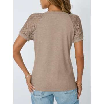 AUTOMET Womens T Shirts Lace Tops Fashion Short Sleeve Trendy Business Casual Dressy Knitted Summer Clothes 2025 Khaki M