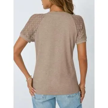 AUTOMET Womens T Shirts Lace Tops Fashion Short Sleeve Trendy Business Casual Dressy Knitted Summer Clothes 2025 Khaki M