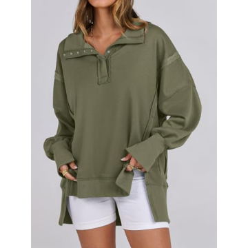 ANRABESS Women's Sweatshirts Oversized Casual Loose Button Up Henley Pullover Top High Low Split 2024 Fall Fashion Outfits Army Green Large