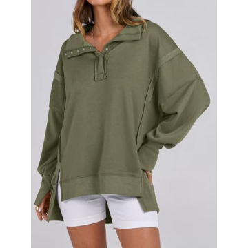 ANRABESS Women's Sweatshirts Oversized Casual Loose Button Up Henley Pullover Top High Low Split 2024 Fall Fashion Outfits Army Green Large