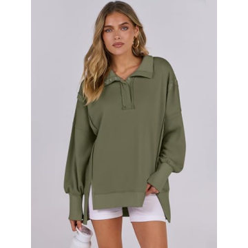 ANRABESS Women's Sweatshirts Oversized Casual Loose Button Up Henley Pullover Top High Low Split 2024 Fall Fashion Outfits Army Green Large