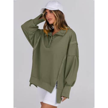 ANRABESS Women's Sweatshirts Oversized Casual Loose Button Up Henley Pullover Top High Low Split 2024 Fall Fashion Outfits Army Green Large