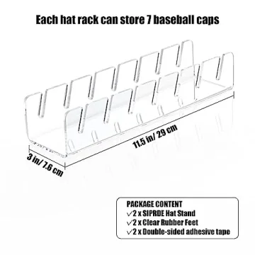SIPRDE Hat Stand for Baseball Caps Display and Organizer - 2 Pack, No Install Acrylic Hat Holder for 14 Baseball Caps for Bedroom, Closet, Dresser(Clear)