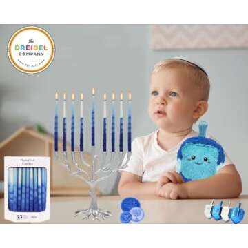 The Dreidel Company Dripless Deluxe Tapered Pastel Blue and White Hanukkah Menorah Candles for All 8...